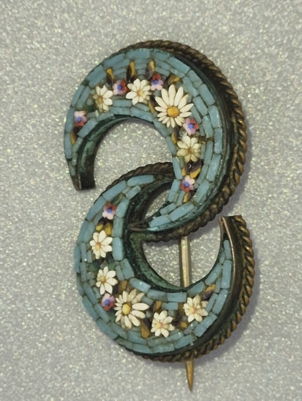 Vintage Italian Mosaic Floral Brooch Turquoise Glass S Scroll Handmade